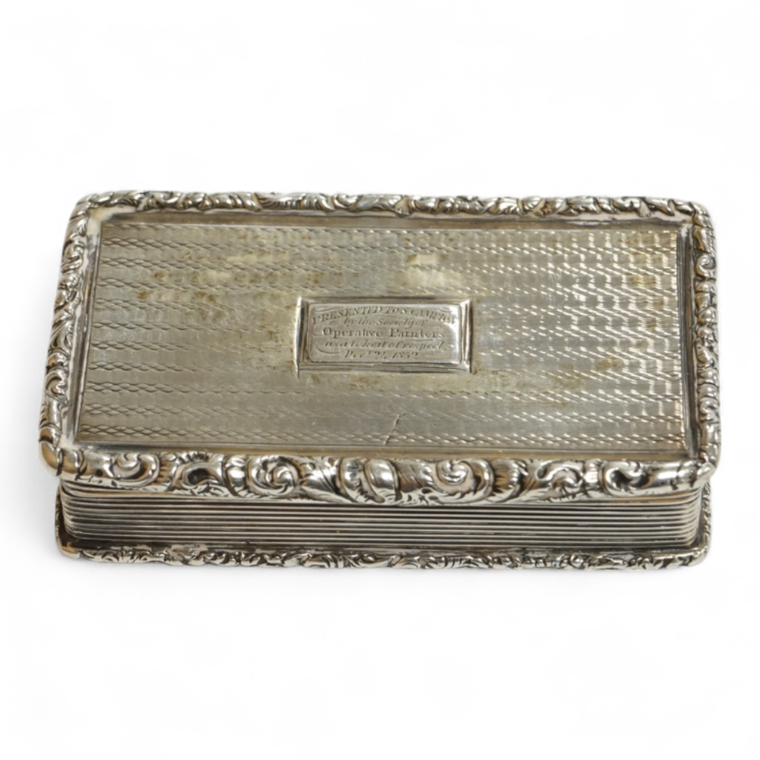 A William IV engine turned silver rectangular snuff box, by William Pugh, Birmingham, 1831?, 72mm.